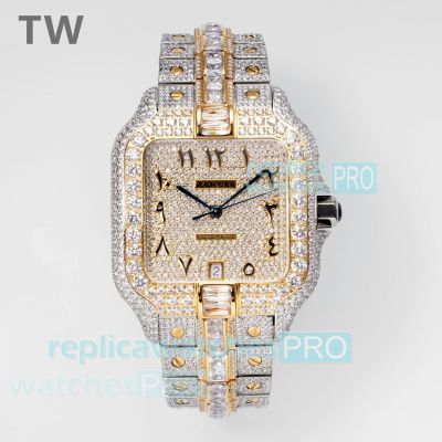 TW Factory Swiss Replica Cartier Santos 40MM Yellow Gold Diamond Arabic Face Watch 